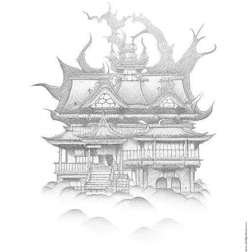 Suminagashi-inspired haunted house tattoo design idea