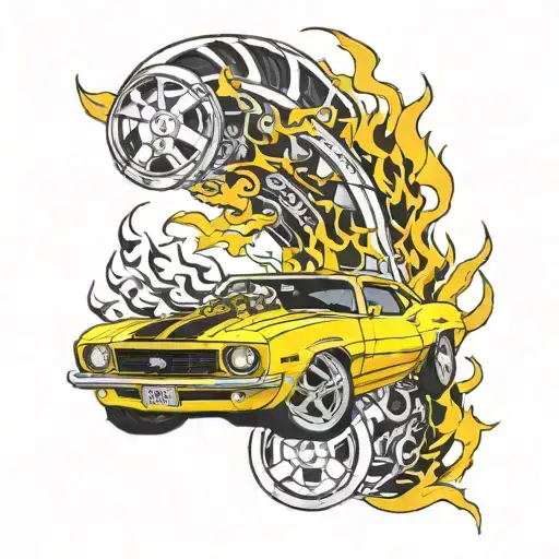 yellow race camaro with turbine parts and flames tattoo design idea