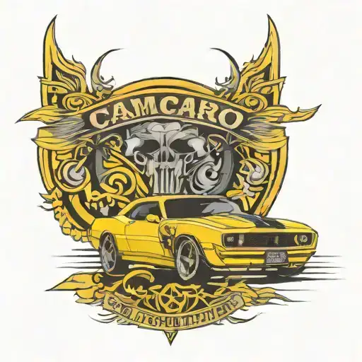 yellow camaro with the name RS auto center tattoo design idea