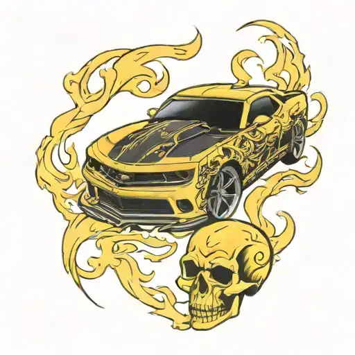 yellow race camaro with mechanical skull and flames tattoo design idea