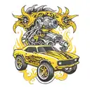 yellow race camaro with turbine parts and flames tattoo design idea