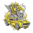 yellow race camaro with turbine parts and flames tattoo design idea