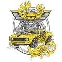 yellow race camaro with turbine parts and flames tattoo design idea