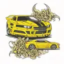 yellow camaro with the name RS auto center tattoo design idea