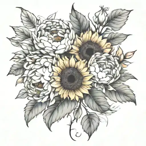 sunflowers and peonies blooming tattoo design idea