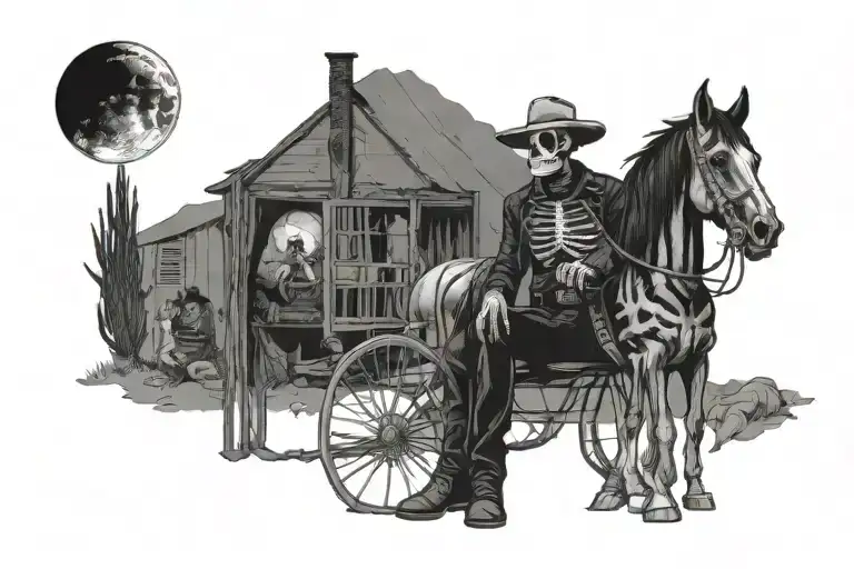 a skeleton cowboy sits by a fire smoking a cigarette with his horse beside him, under a starry night tattoo design idea