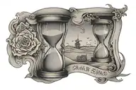 Hourglass with sand flowing through it. “This too shall pass” written in a slightly curved text that follows the shape o tattoo design idea