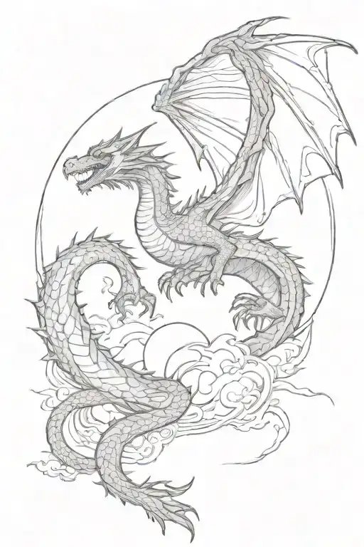 flying dragon and small moon rising tattoo design idea
