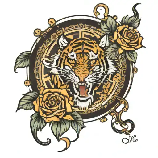 tiger roses clock bible quote tattoo design idea