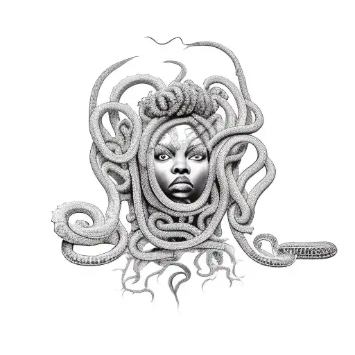 African American Medusa with intricate dreadlocks and a snake wrapped around her tattoo design idea