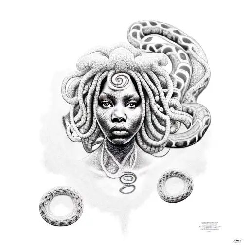 African American Medusa with intricate dreadlocks and a snake wrapped around her tattoo design idea