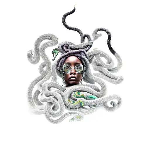 African American Medusa with intricate dreadlocks and a snake wrapped around her tattoo design idea