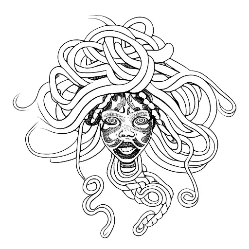 African American Medusa with intricate dreadlocks and a snake wrapped around her tattoo design idea