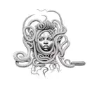 African American Medusa with intricate dreadlocks and a snake wrapped around her tattoo design idea