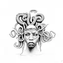African American Medusa with intricate dreadlocks and a snake wrapped around her tattoo design idea
