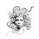 African American Medusa with intricate dreadlocks and a snake wrapped around her tattoo design idea
