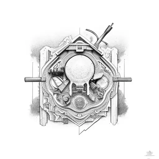 An intricate outdoor scene with a carpenter's tools hidden within tattoo design idea