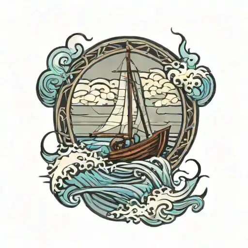 logo of Nathanael canoe sailing through stormy waters tattoo design idea