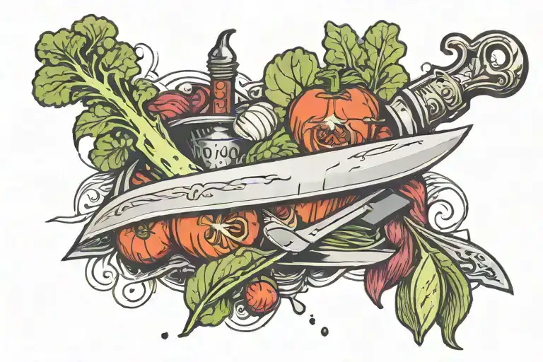 chef's knife and vegetables inside the blade tattoo design idea