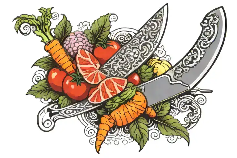 chef's knife and vegetables inside the blade tattoo design idea