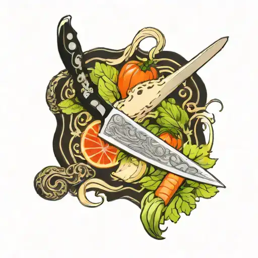 Chef's knife and vegetables inside the blade tattoo design idea