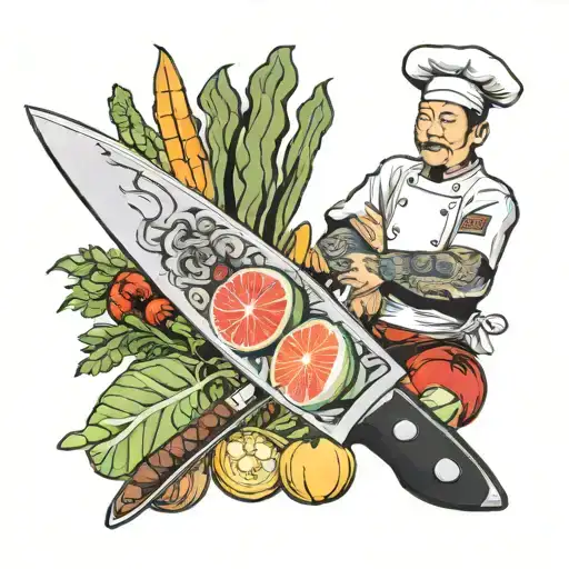 chef's knife and vegetables inside the blade tattoo design idea