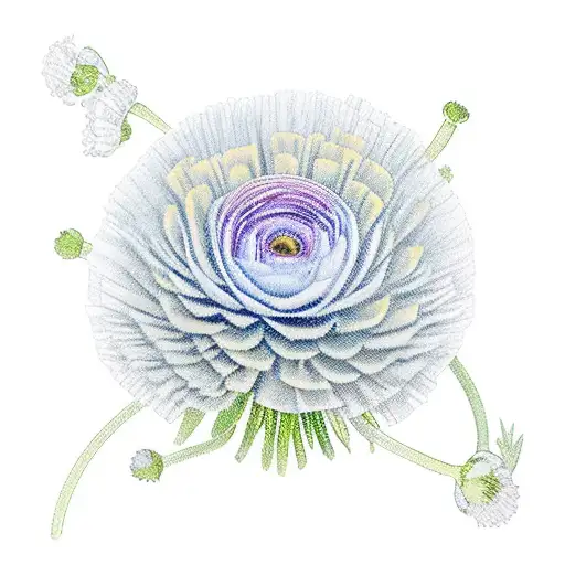 ranunculus, snapdragon, eucalyptus, blue thistle, Italian ruscus, chamomile, wax flowers tattoo design idea