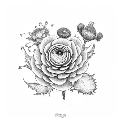 ranunculus, snapdragon, eucalyptus, blue thistle, Italian ruscus, chamomile, wax flowers tattoo design idea