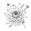 ranunculus, snapdragon, eucalyptus, blue thistle, Italian ruscus, chamomile, wax flowers tattoo design idea