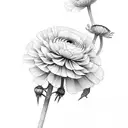 ranunculus, snapdragon, eucalyptus, blue thistle, Italian ruscus, chamomile, wax flowers tattoo design idea