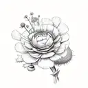 ranunculus, snapdragon, eucalyptus, blue thistle, Italian ruscus, chamomile, wax flowers tattoo design idea