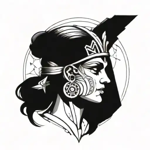 A modern interpretation of the Greek goddess Athena symbolizing wisdom and strategy, incorporating elements of international politics and abstract art tattoo design idea
