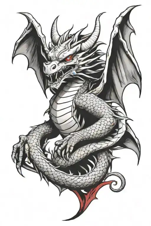 Black and white dragon with bat wings and red accent forearm tattoo tattoo design idea