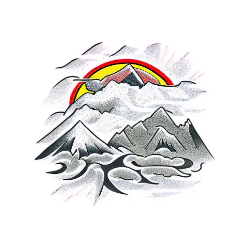 Mountain Scene and sun tattoo design idea