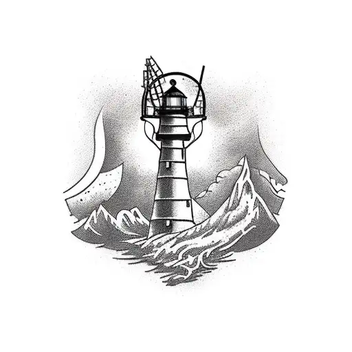 a chest plate that goes to a 3/4 sleeve that has a hawk, lighthouse,  mountains, fisherman, bear, old windturbine, heart tattoo design idea