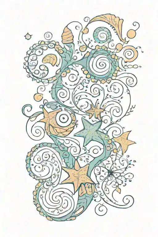 A whimsical tattoo featuring small seashells, little spiraled suns inspired by "Tangled," gentle sea waves with sparkles tattoo design idea