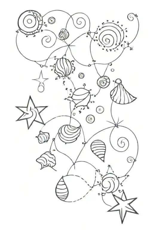 A whimsical tattoo featuring small seashells, little spiraled suns, gentle sea waves with sparkles tattoo design idea