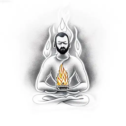  a person in a meditation pose with a book in their hands surrounded by flames within a prison-like cell tattoo design idea