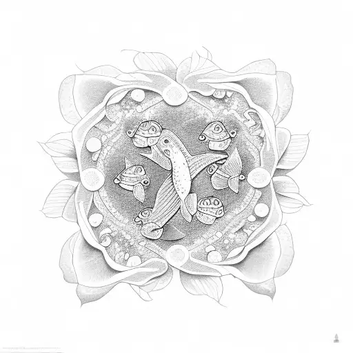 A dotwork tattoo depicting a school of fish swimming through a field of blooming lotus flowers tattoo design idea