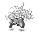 A sketch-style tattoo of a gaming controller entwined with a vine of colorful aquarium plants tattoo design idea
