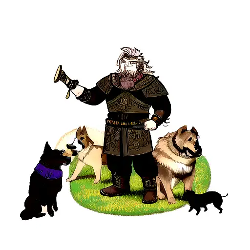A Viking warrior in his armour and his goldbrown German shepherd standing watch watch next to Odin and Thor, colourful  tattoo design idea