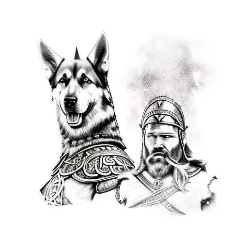 A Viking warrior in his armour and his goldbrown German shepherd standing watch watch next to Odin and Thor, colourful  tattoo design idea