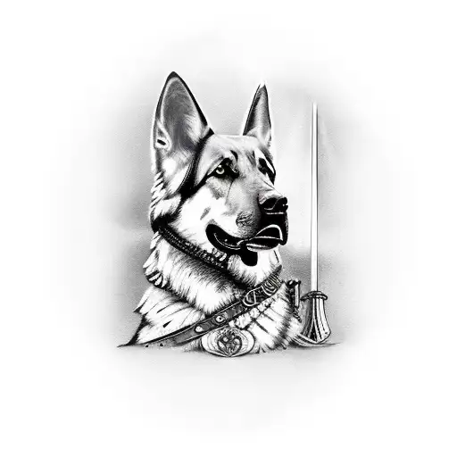 Viking warrior and goldbrown German shepherd standing watch watch tattoo design idea
