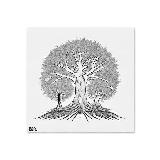 BCBA initials carved into a tree with mother & child silhouettes tattoo design idea