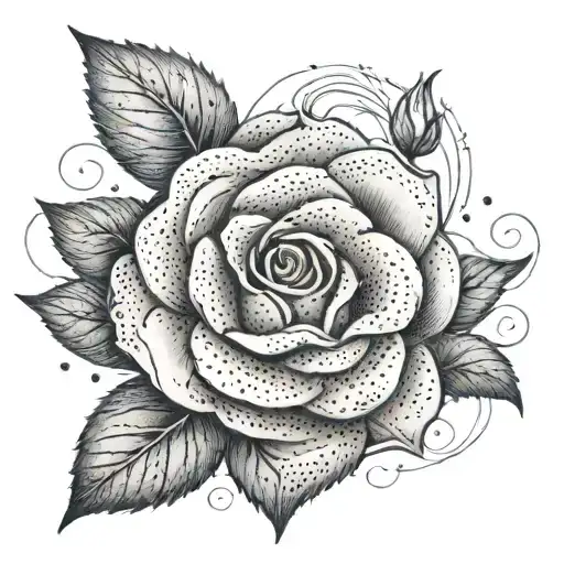 A dotwork design of a rose intertwined with a child's name in cursive tattoo design idea