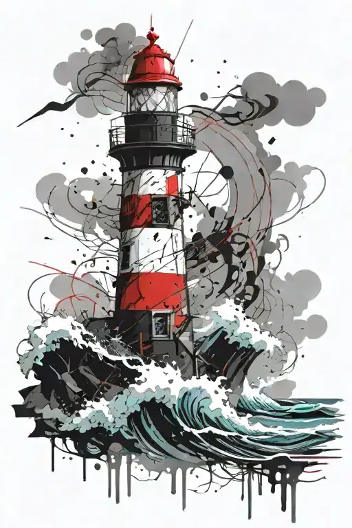 a lighthouse standing tall against crashing waves tattoo design idea
