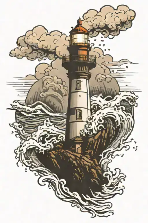 a lighthouse standing tall against crashing waves tattoo design idea
