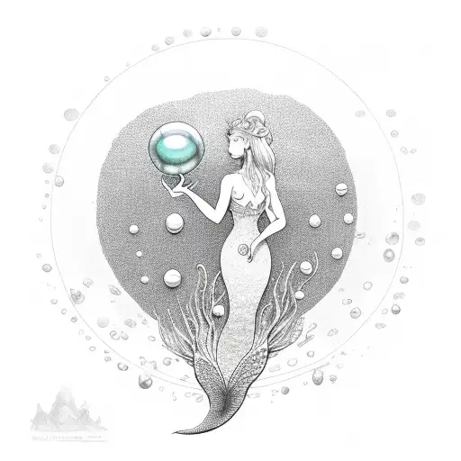 A mermaid holding a delicate pearl in her hand, surrounded by water droplets tattoo design idea