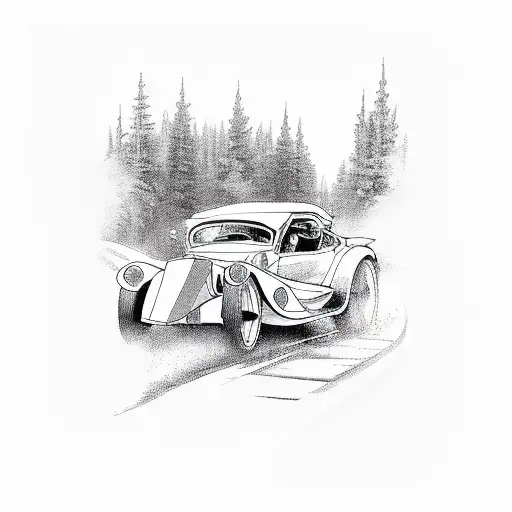 A vintage car speeding through a winding road in the woods tattoo design idea