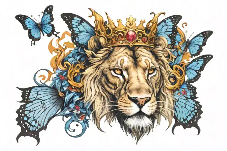 roaring lion with crown on top of head and butterfly on top of the crown surrounded by fire  tattoo design idea